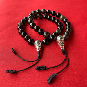 Mala de 21 cuentas de Obsidiana de 8mm con Guru Bead plateada, ajustable