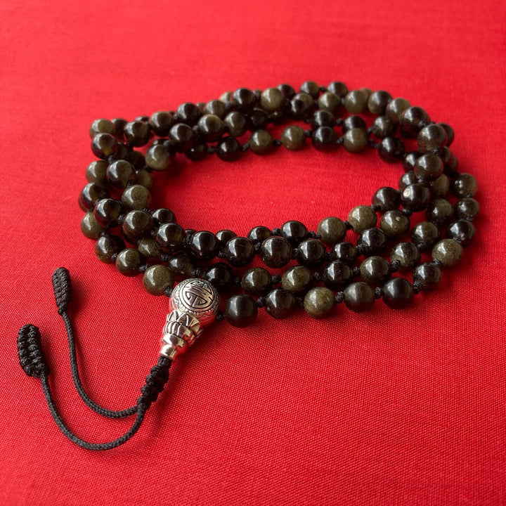 Mala De 108 Cuentas De Obsidiana De 6 mm Con Guru Bead Plateado y Nudos