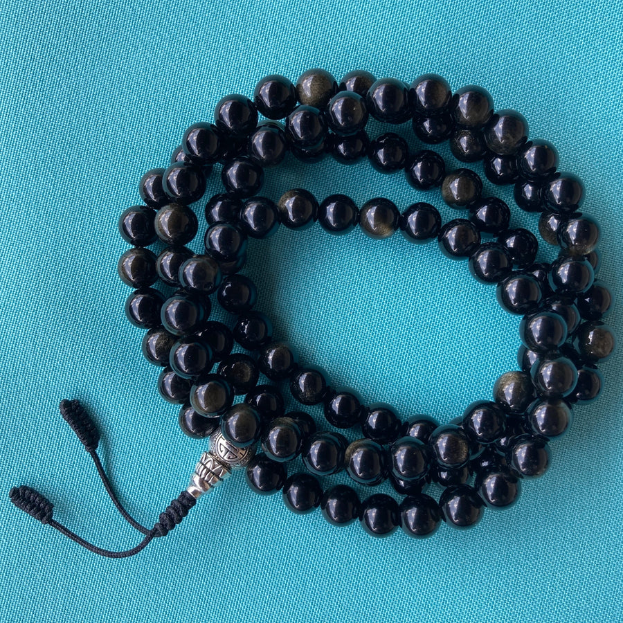 Mala De 108 Cuentas De Obsidiana De 8 mm Con Guru Bead Plateado