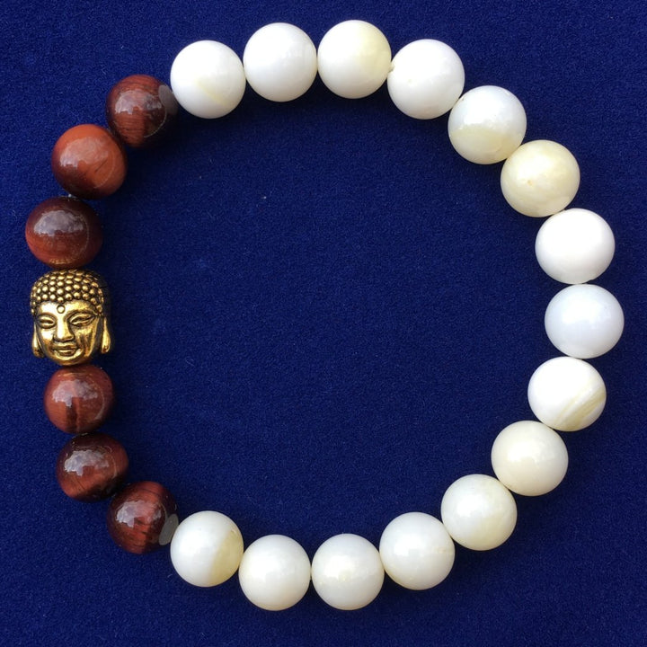 Pulsera de Concha y Ojo de Tigre Rojo de 8 mm con Cabeza de Buda Dorada - NALANDA | Tu motor de búsqueda interna